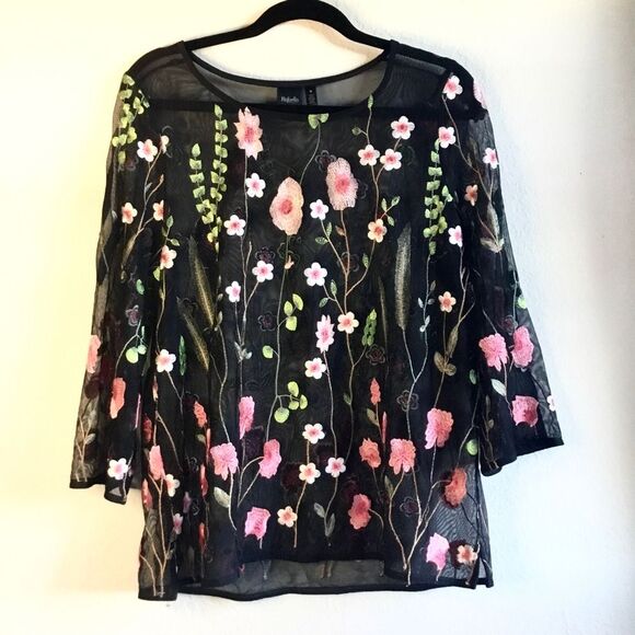 Fairycore black sheer mesh flowery top long sleeve layering fairy cottagecore - Picture 1 of 3